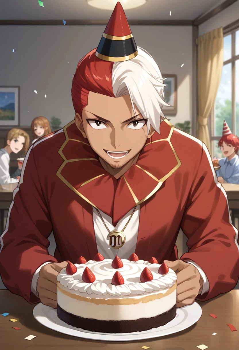 score_9, score_8_up, score_7_up, source_anime, rating_safe, table, (ScorpioFT)-[[ScorpiFT]], red-white Scorpio hair, stubble, (1boy), male focus, mature male, party hat, open mouth, soft smile, blurry indoors, cake on table, confetti, (hands with five fingers), finely detailed face, cute wallpaper, Expressiveh