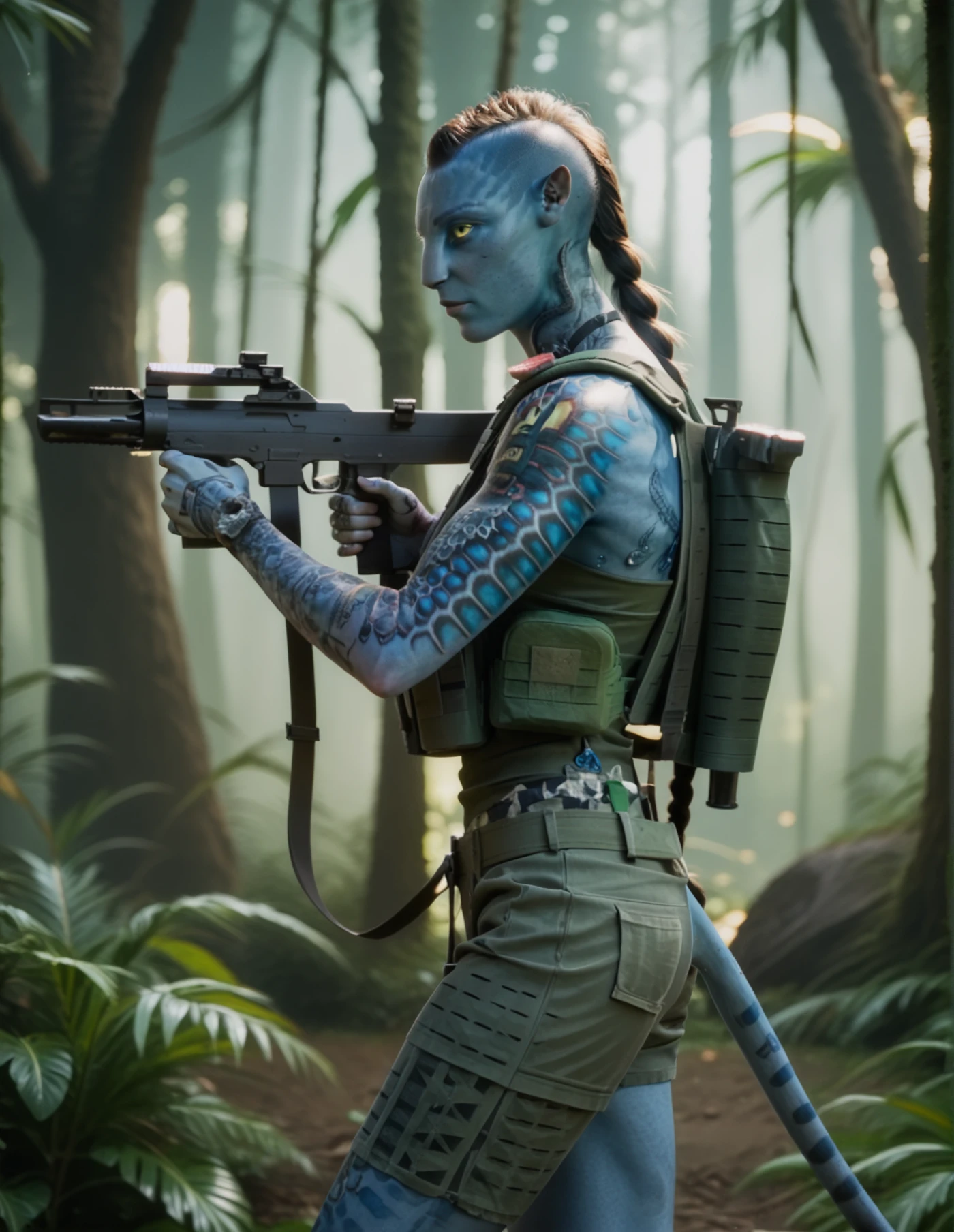 <lora:Z-dog_V2:1> zdinarsk, blue skin, tattoos, side shaved hair, yellow eyes, closed mouth, regatta, long braid, aiming a rifle, side view, tail, forest background, shorts, thighs, tall woman, score_9, score_8_up, score_7_up, score_6_up