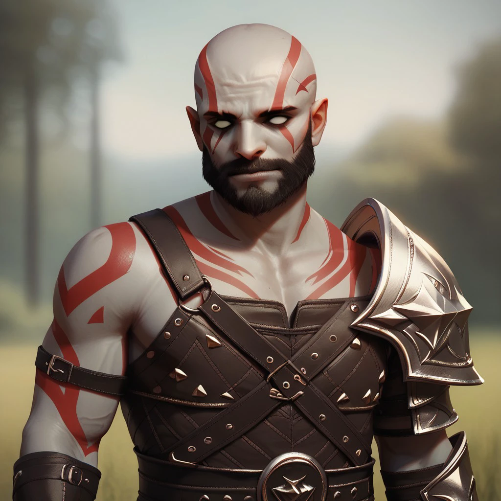 (((detailed, beautiful, high quality))), upper Body, score_9, score_8_up, score_7_up,
goliath, empty eyes, gray skin, stone skin, , body tattoo, face tattoo,
1male, bald, black beard, red tattoos, leather shoulder pad, shoulder strap, leather armor,
looking at the viewer, posing, blurred background, blurred fantasy background,