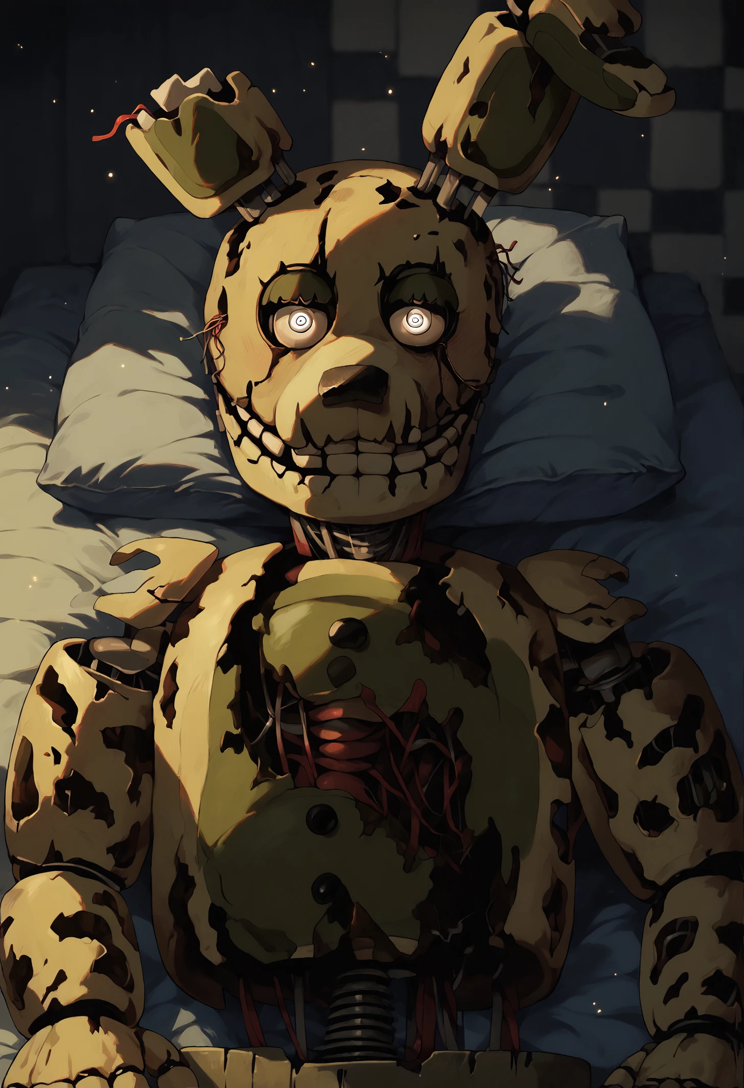 score_9, score_8_up, score_7_up, ((springtrap, animatronic, robot)), upper body, on back, foot, paw, male focus, half-closed eyes, looking at viewer, correct eyes, glowing, bedroom, lying on bed, FNAF, white eyes, cinematic, detailed, dark background, blurry background, light particles, best quality, masterpiece <lora:Springtrap_v3:0.97> <lora:Pony_DetailV2.0:0.75> <lora:cr33pp41ntXLP:0.5>