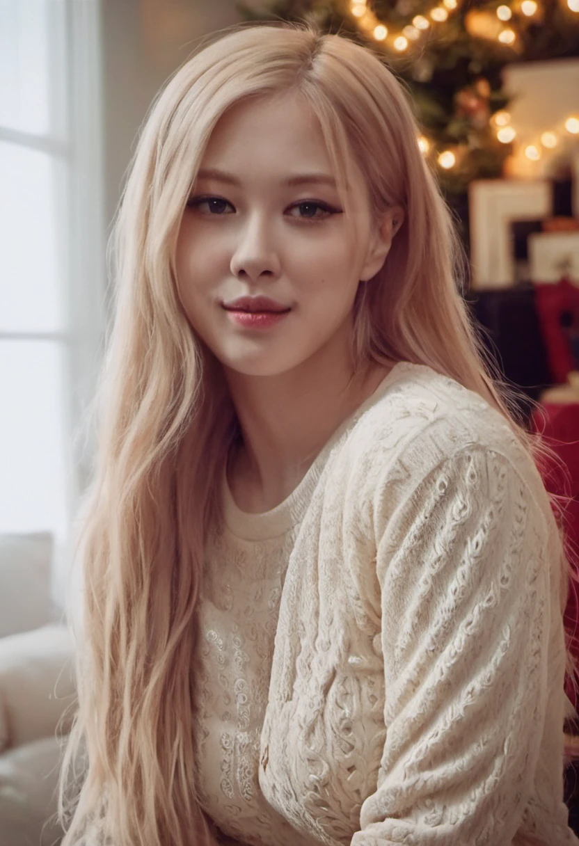 Blackpink Rose, 1girl, wearing a sweater, christmas decoration cozy fireplace in background,