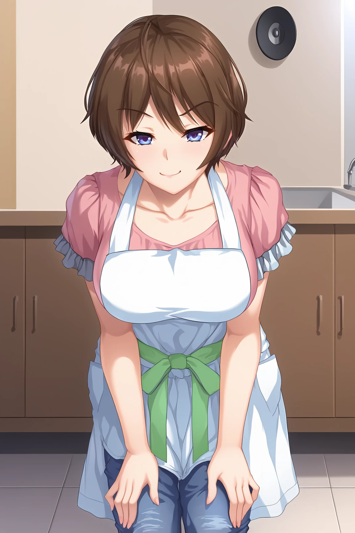 score_9, score_7_up, source_anime, 
BREAK
solo, 1girl, 
<lora:4-KusakabeAkiho-02:1>,
KusakabeAkiho, 
white apron, waist ribbon, green ribbon, pink shirt, short sleeves, frilled sleeves, collarbone, jeans, capri pants,
BREAK
Audio-Visual Room,
smirk, 
Leaning forward with hands on knees, straight-on,