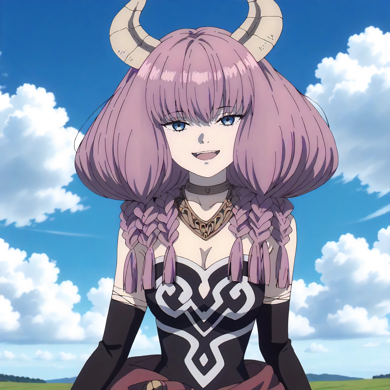 <lora:FBJE_TheGuillotineAuraXLpony009>,
blue sky,cloud,natural light,grassland,
half-closed eyes,looking at viewer,smile,open mouth,
solo,
TheGuillotineAura,1girl,pink hair,horns,multiple braids,blue eyes,
choker,necklace,
bare shoulders,cleavage,
black elbow gloves,