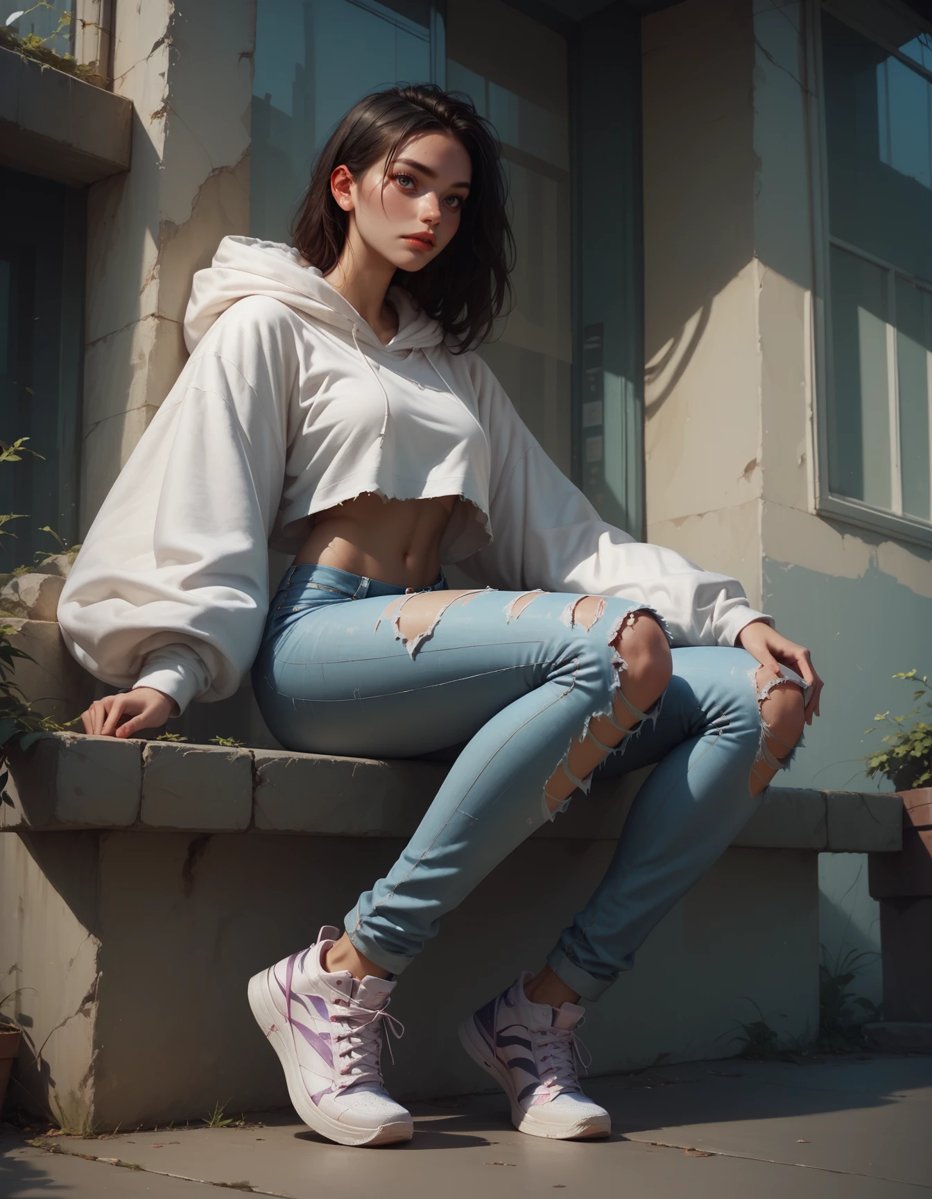 score_9, score_8_up, score_7_up, score_6_up, score_5_up, 1 girl, Jed-cslstwr, Casual Streetwear,  Oversized white hoodie, ripped jeans, sneakers, bare midriff, outdoor,    <lora:CasualStreetwear:0.7>