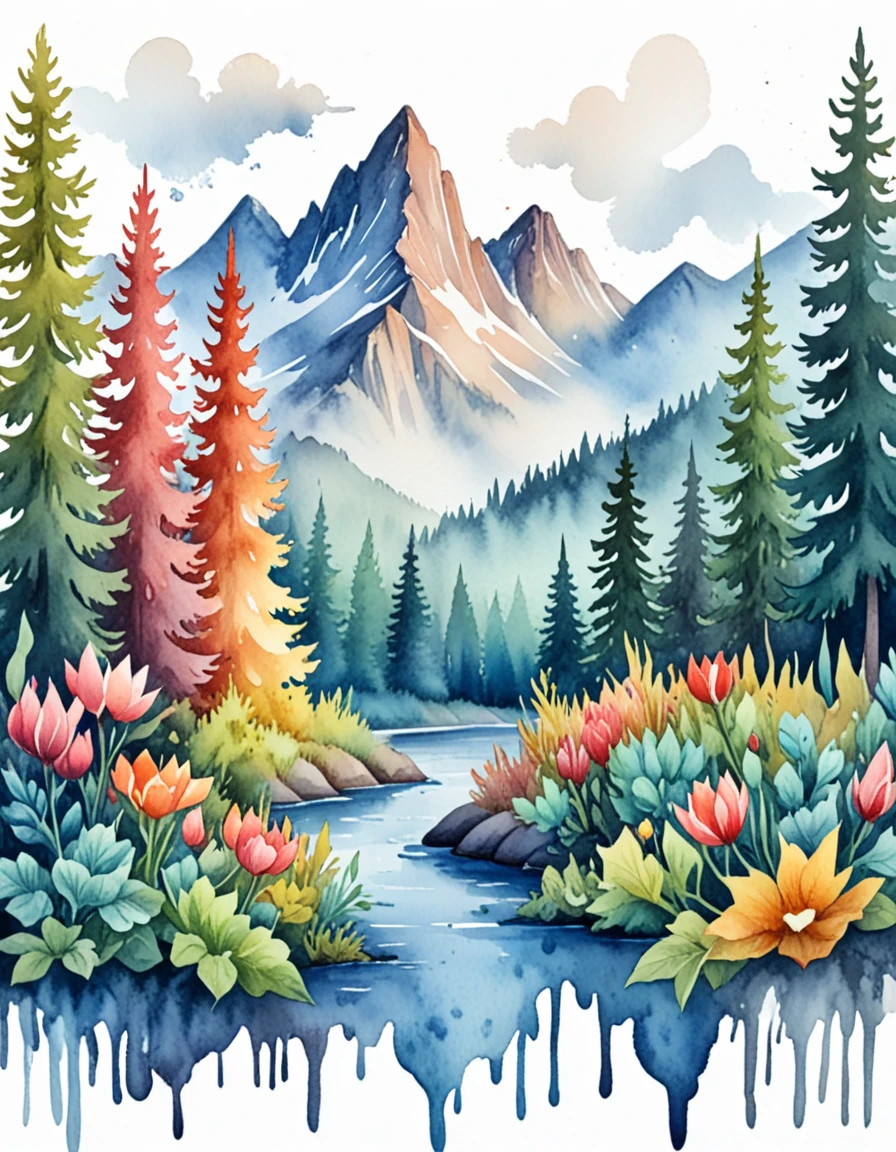 novuschroma65 style Misty Mountain Hop  dripping watercolor on a white background <lora:novuschroma65 style:1> <lora:sdxl_lightning_8step_lora:1>