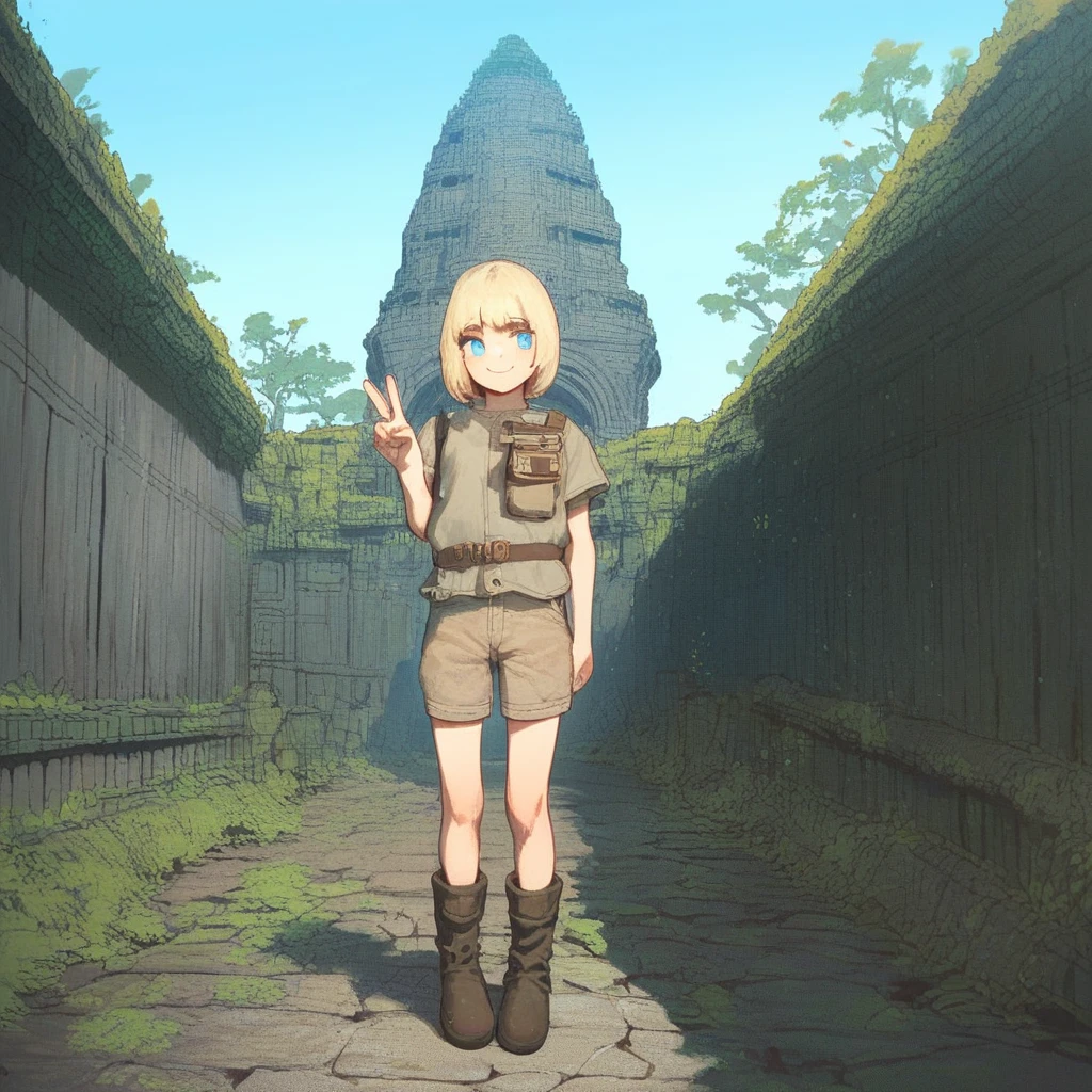 score_8, score_8_up, score_7_up, score_6_up, source_anime, BREAK, 1girl, solo, female focus, blonde hair, blue eyes, explorer clothes, pith helmet, khaki shirt, khaki shorts, boots, V, smile, looking at viewer BREAK Angkol_ruins, outdoors, scenery, day, blue sky, moss, overgrown