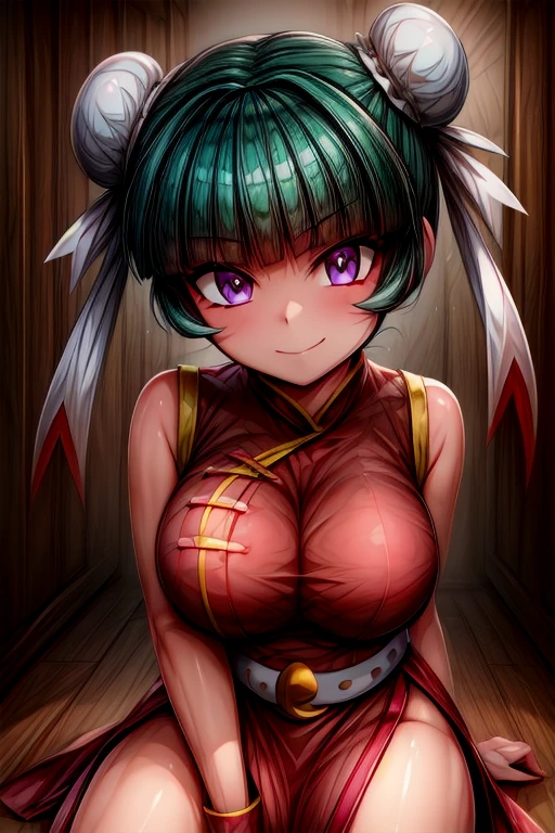 masterpiece_portrait, high quality, anime coloring,beyblade: metal fusion,mei-mei,1girl,white,belt,solo,double bun,hair bun ,dress,china dress,chinese clothes,breasts,smile,sitting,purple eyes,bun cover,belt,bangs,side slit,sleeveless,looking at viewer,large breasts,stairs,closed mouth,bare shoulders,short hair,sleeveless dress,blunt bangs,shiny,short dress,arm support,red dress,green hair <lora:hyperdetailer_v095:0.8> <lora:more_details:0.6> <lora:Mei-mei:1>