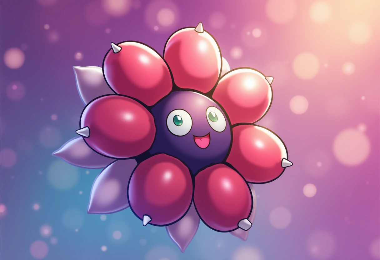 poke ball creature in fuchihana style with complex gradient background