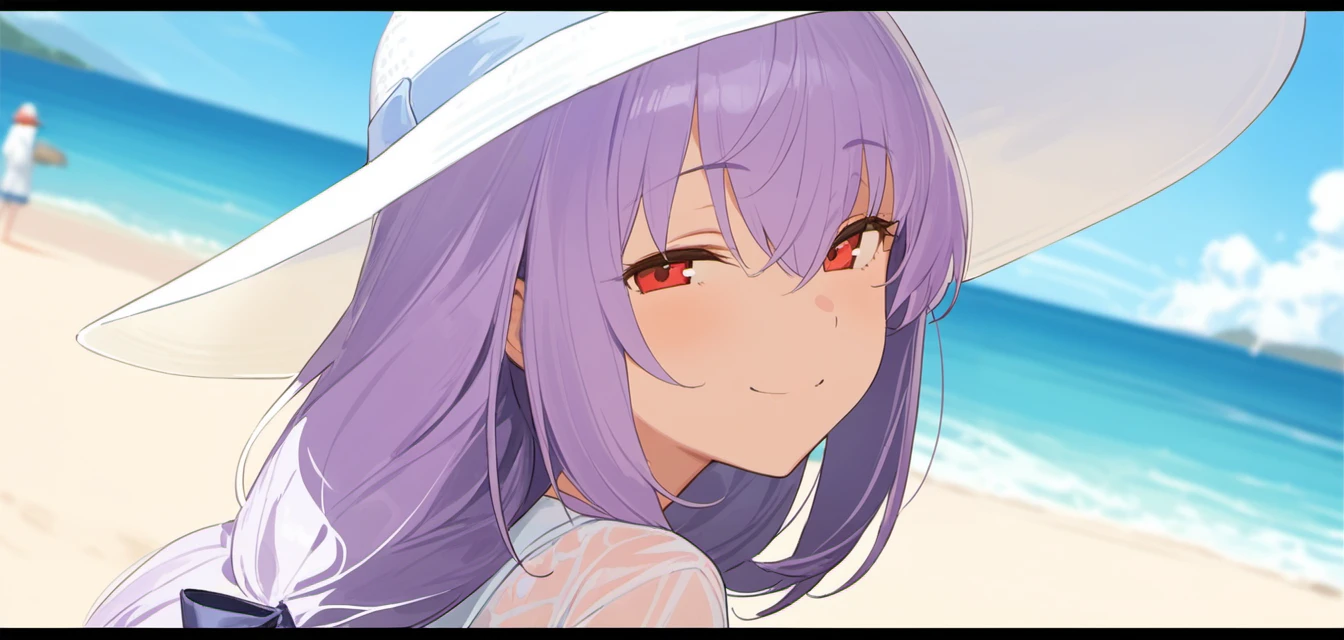1girl, atsuko \(blue archive\), by misyune, by cotta \(heleif\), by pako \(pakosun\), isshiki \(ffmania7\), purple hair, red eyes, portrait, head tilt, beach, day, sun light, ((depth of field, blurry background, dutch angle, overexposure)), adjusting headwear, from side, head tilt, leaning forward, long hair, sidelocks, black border, outside border, half-closed eyes, ocean, outdoors, sand, seagull, smile, solo, sun hat, white dress, white hat, very aesthetic, amazing quality, best quality