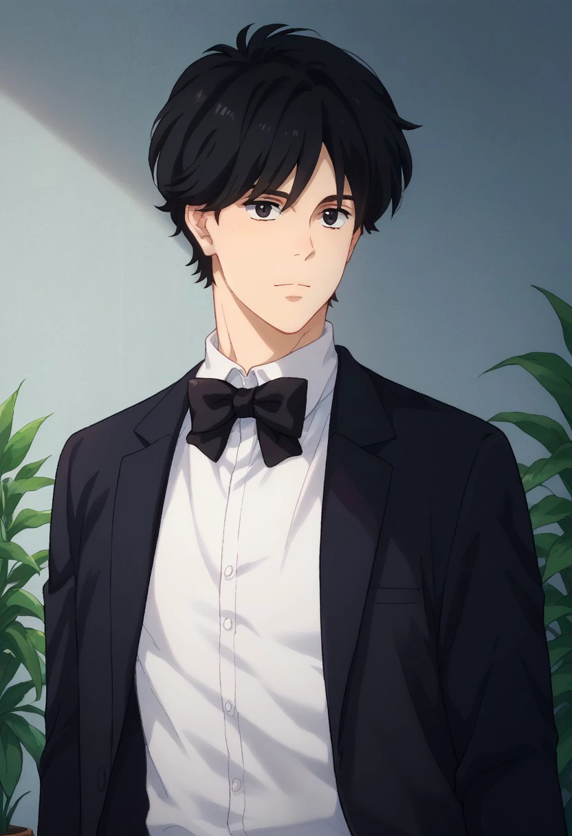 score_9, score_8_up, score_7_up, source_anime, highly detailed, 
eijiokumura, 1boy, male focus, solo, black hair, short hair, black eyes, upper body, formal, suit, bowtie, bow, black bowtie, shirt, white shirt, black jacket slender, skinny
indoor, plant,