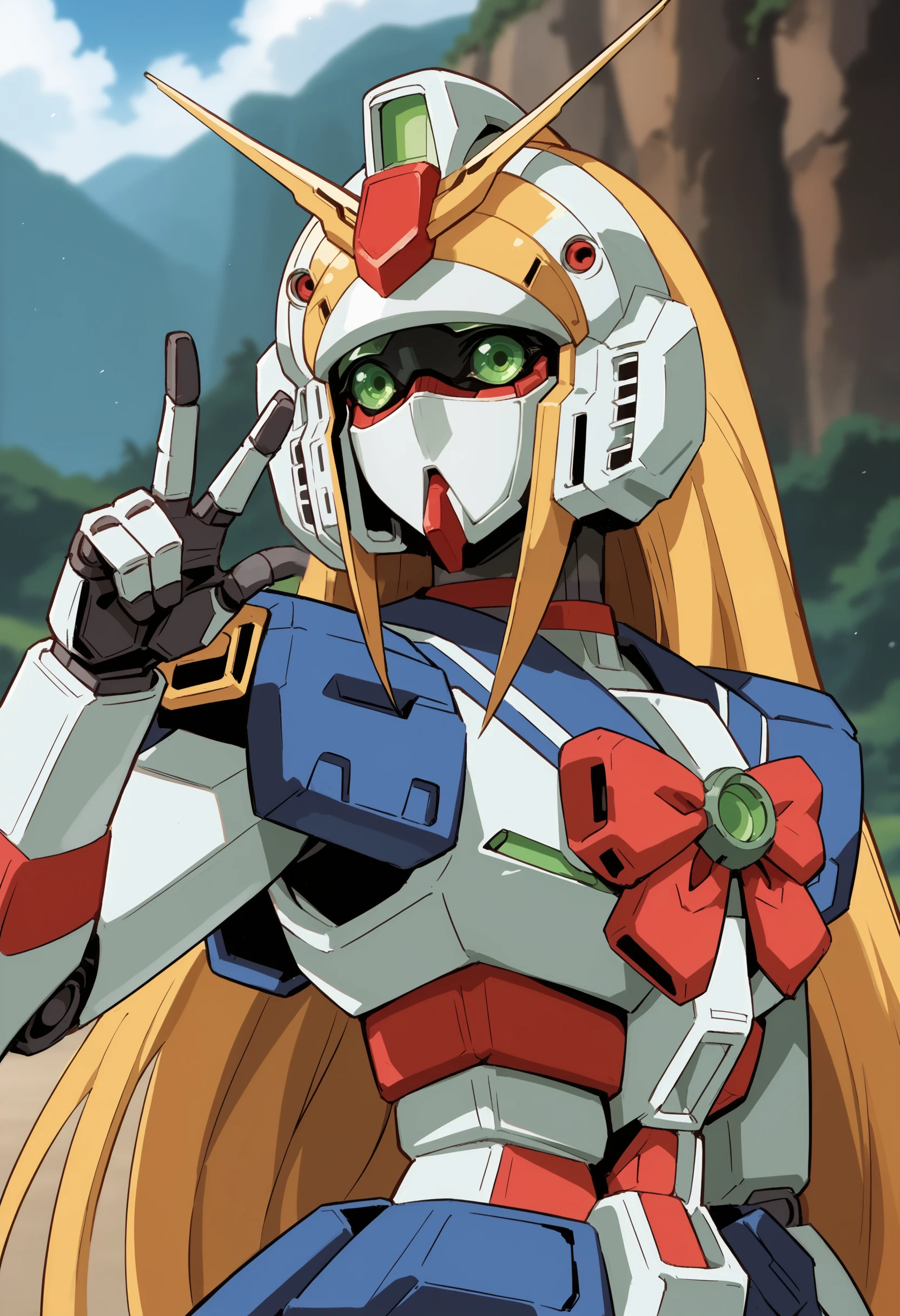 score_9, score_8_up, score_8, source_anime,, 1girl, <lora:NobelGundamF:0.95> solo, robot, mecha, no humans, long hair, very long hair, blonde hair, v-fin, bow, red bow, looking at viewer, upper body, v sign, 
(grasslands background), blurry background,