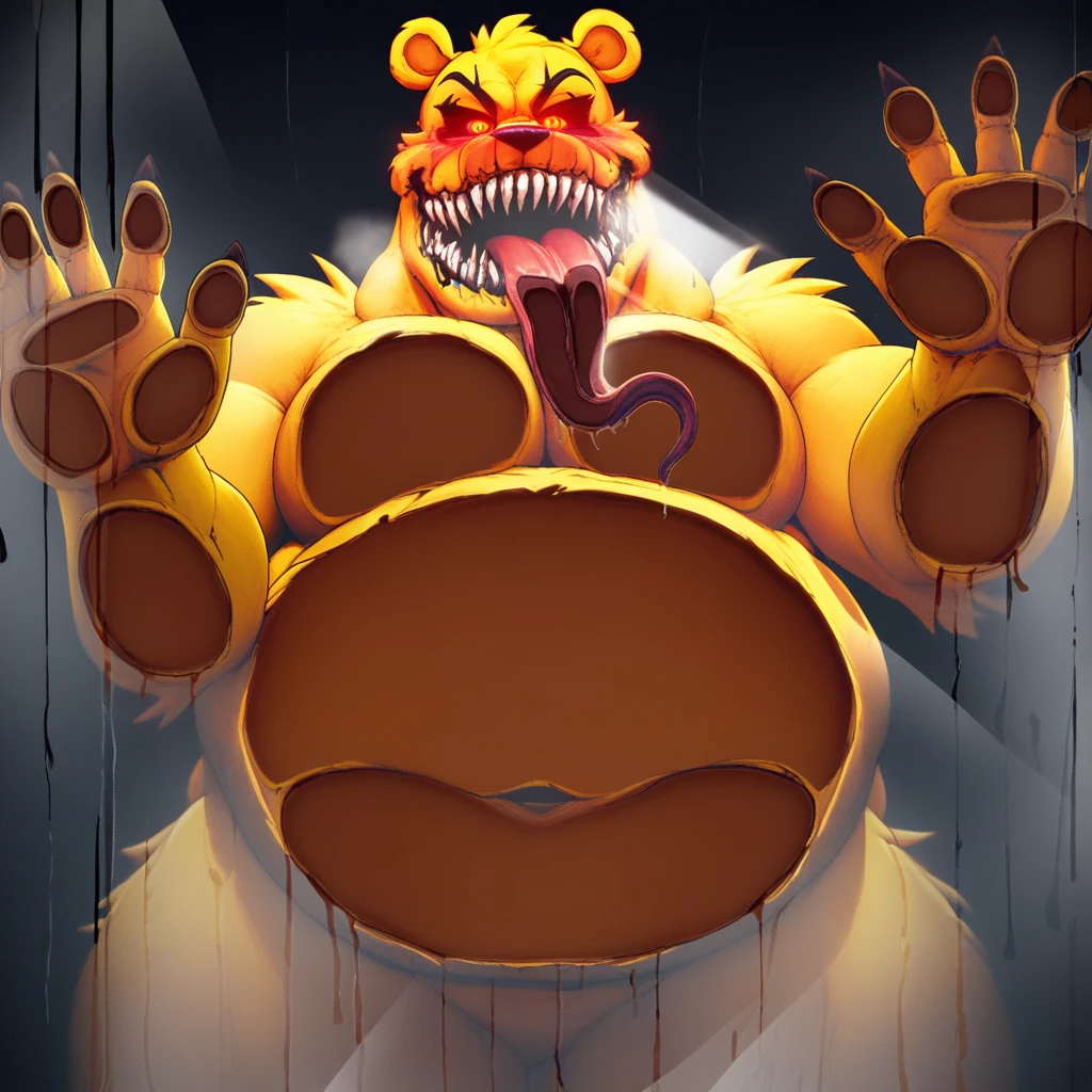 Masterpiece, best quality, Male, bear, animatronic, nightmare fredbear, masculine, dark eyes socket, purple hat, purple tie, red pupils, smirking, Chubby, stoic, big pectorals, purple nipples, big nipples, puffy nipples, wide areolas, big belly, stomach mouth, big penis, erected penis, purple penis head, claws, sharp teeth