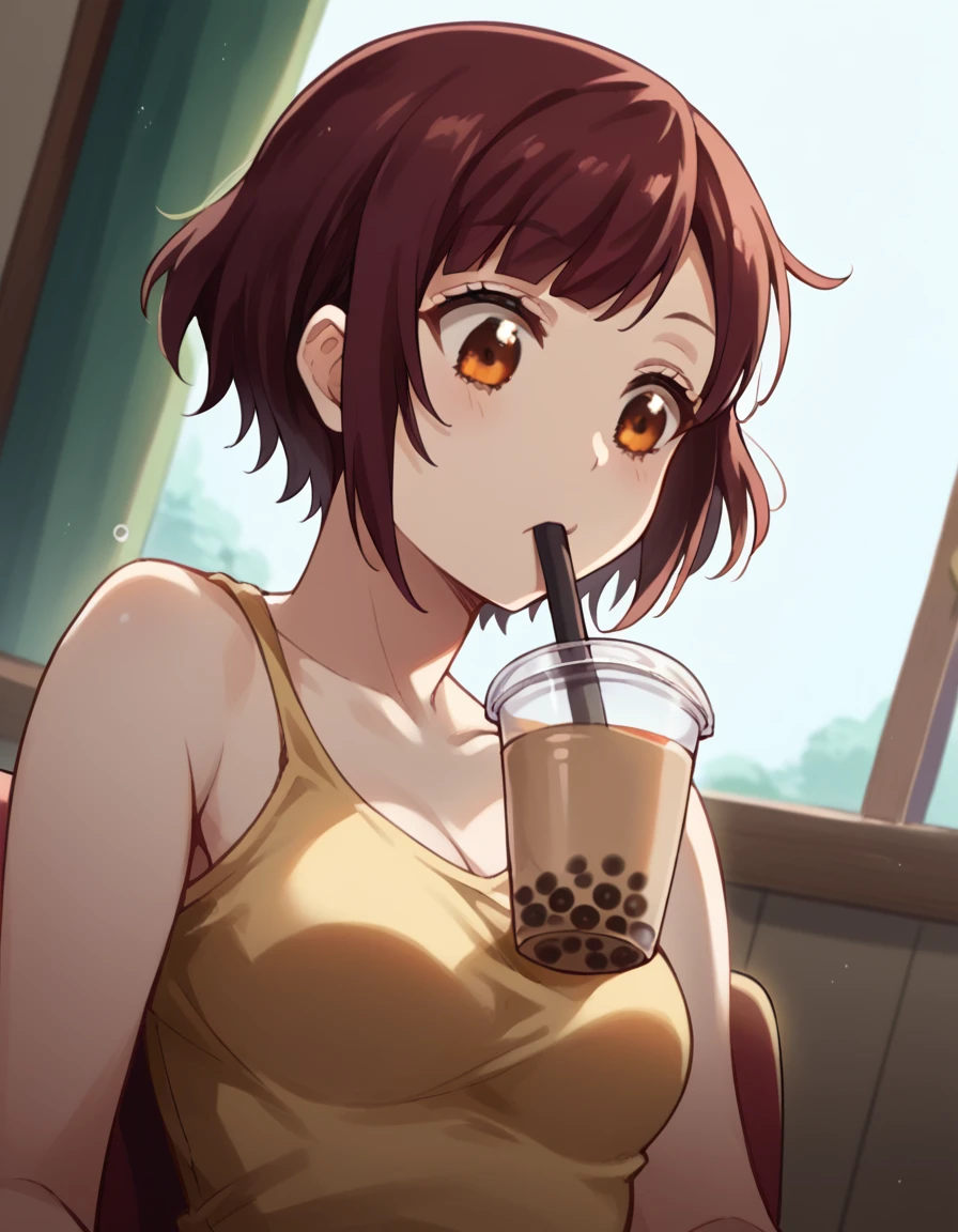 score_9, score_8_up, score_7_up, source_anime, <lora:miyabi-itou-s1-ponyxl-lora-nochekaiser:1>, miyabi itou, short hair, brown hair, brown eyes,, <lora:bubble-tea-challenge-ponyxl-lora-nochekaiser:1>, bubble tea challenge, bubble tea, object on breast, drinking straw, drinking straw in mouth, drinking, cup,, indoors, sitting, looking down, , cowboy shot, dutch angle