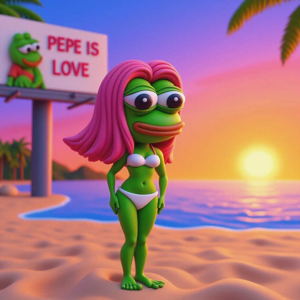 girl pepe with pink hair on a beach wearing a white bikini, a billboard in the background reads 'PEPE IS LOVE' there is a beautiful sunset and palm trees, claymation