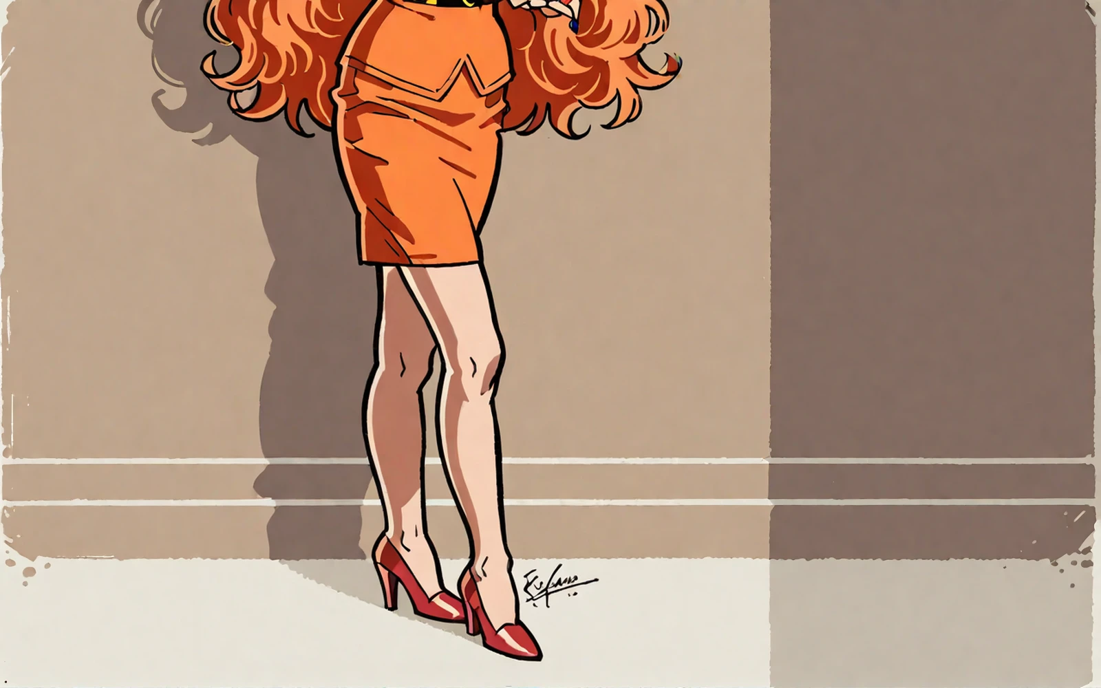 <lora:john-leech_pony_v1:1.0>'xbellumx' by Leech John  in, illustration \(genre\), realism \(style\),  <lora:Missbellum:1> uncensored,  orange hair, head out of frame, high heels, skirt, score_9, score_8_up, rating_questionable,questionable