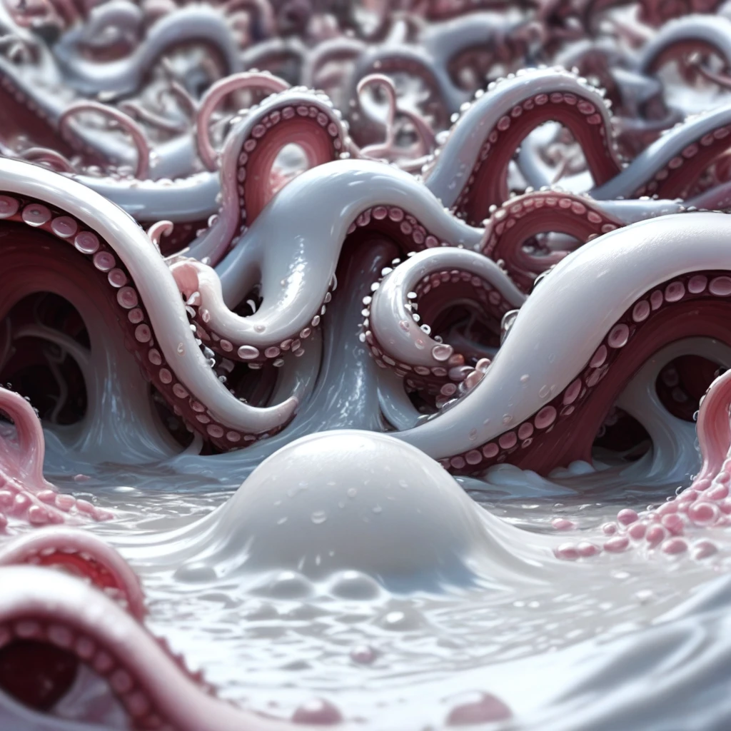 1girl, waves, octopus, multiple girls, tentacle, suction cups, heart, eldritch abomination, depth of field, slime, water, egg, monster