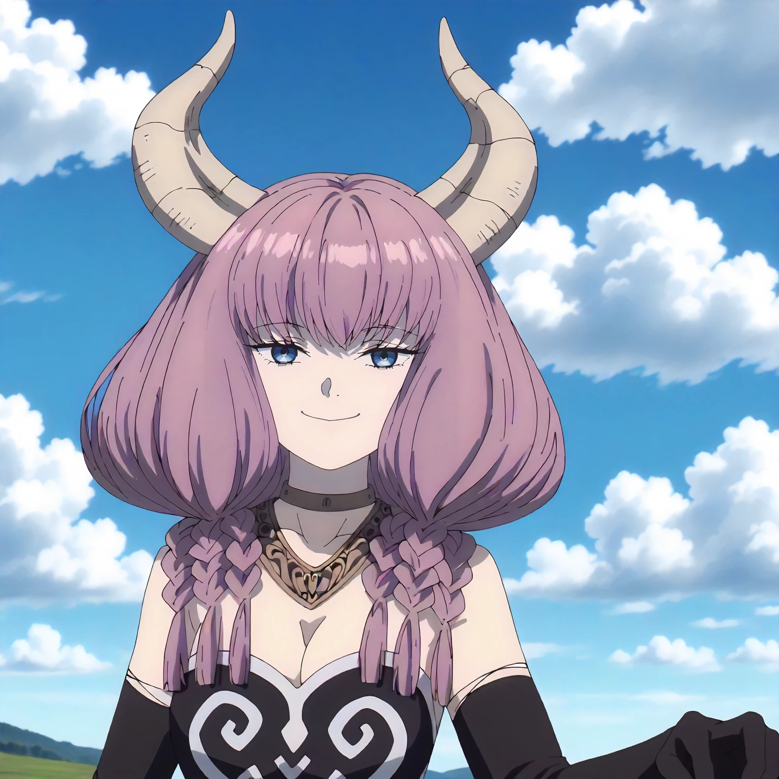 <lora:FBJE_TheGuillotineAuraXLpony009>,
blue sky,cloud,natural light,grassland,
half-closed eyes,looking at viewer,smile,
solo,
TheGuillotineAura,1girl,pink hair,horns,multiple braids,blue eyes,
choker,necklace,
bare shoulders,cleavage,
black elbow gloves,