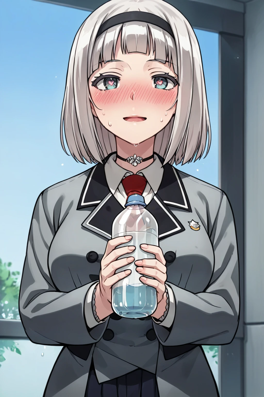 score_9, score_8_up, score_7_up, score_6_up, score_5_up, score_4_up, source_anime, rating_safe, 1girl, shimoanna, blush, heart pupils, facing viewer, uniform, sweating, holding water bottle, water bottle, sweating, standing