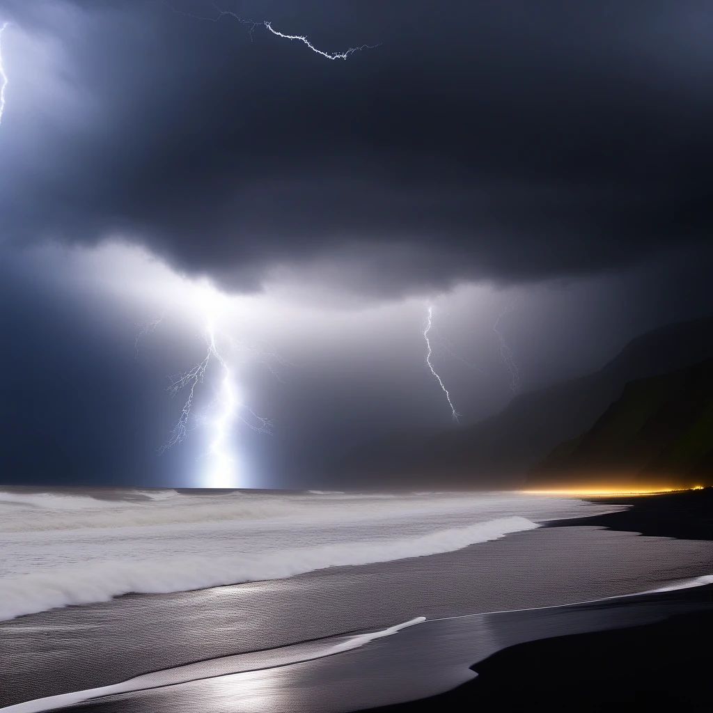 a giant storm with a tsunami hitting the black sands beach, lightning