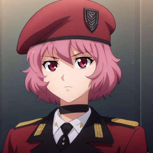 <lora:Gentiane_Girls_FrontlinePONY:1> gentiane, pink hair, red eyes, military uniform, black gloves, fingerless gloves, choker, griffin & kryuger military uniform, beret, beret with pin