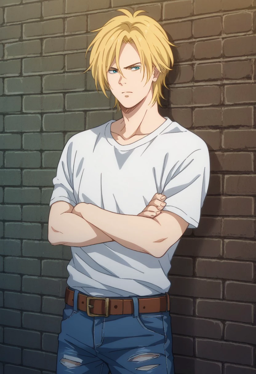 score_9, score_8_up, score_7_up, source_anime, highly detailed, 
ashlynx, 1boy, male focus, blonde hair, solo, jeans, pants, denim, shirt, torn clothes,
crossed arms,  belt, torn pants, t-shirt, torn jeans, white shirt, upper body
outdoor, sky, wall, bricks,