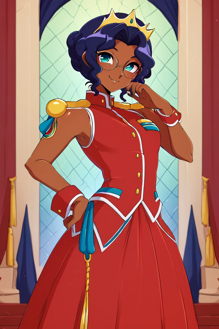 score_9, score_8_up, score_7_up, BREAK, 1girl, solo, anthy, glasses, crown, red dress, long dress, epaulettes, aiguillette, cowboy shot, light smile, by <Merunyaa><lora:EMS-453778-EMS:1.000000>, <lora:EMS-322220-EMS:1.000000>