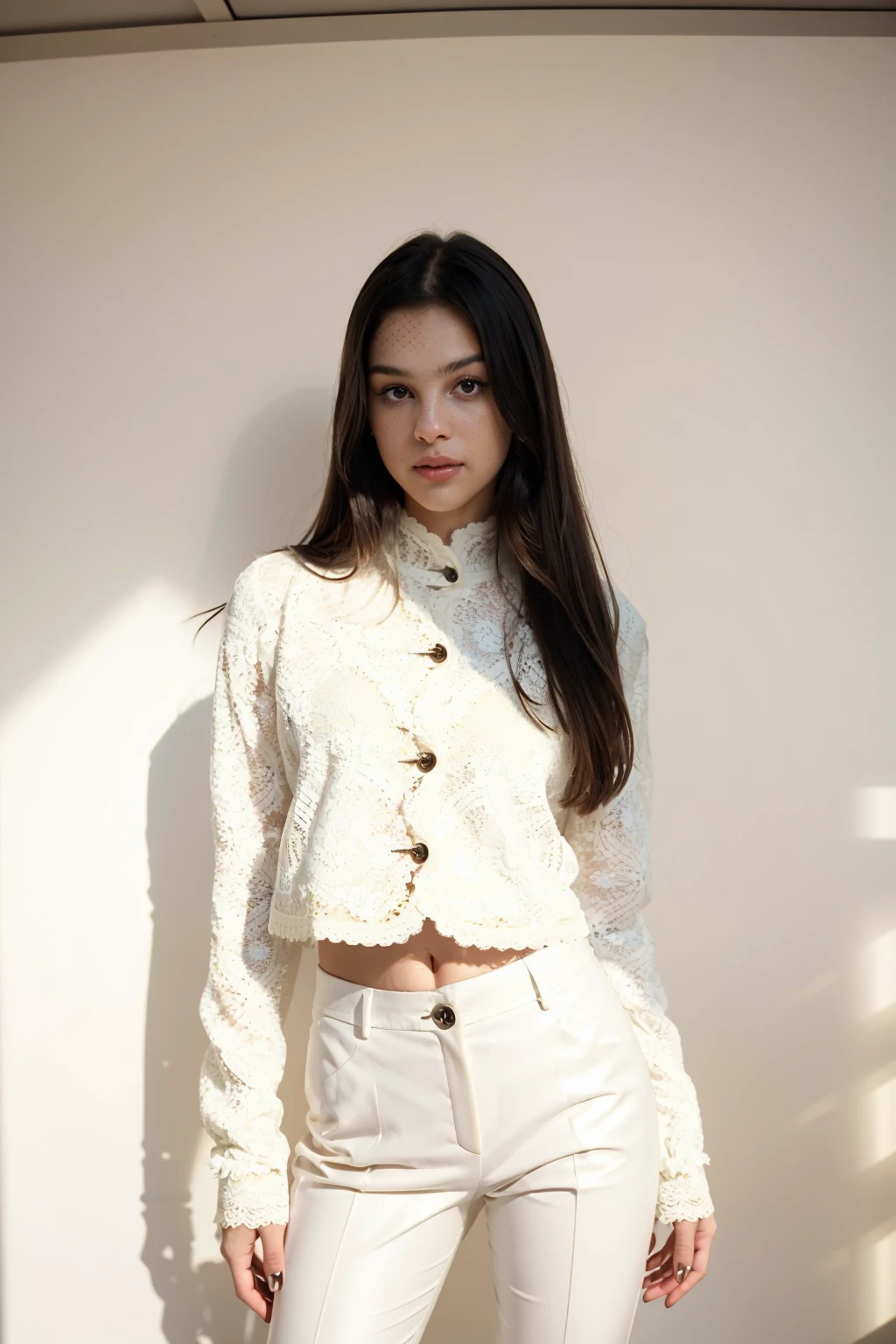 a photograph of (1girl, 21 years old, slight smile), <lora:ZH_ORodrigo_v1SD15:1>, zh_orodrigo, solo, realistic, brown eyes, black hair, looking at viewer,  wearing (white jacket, lace corset, pants)