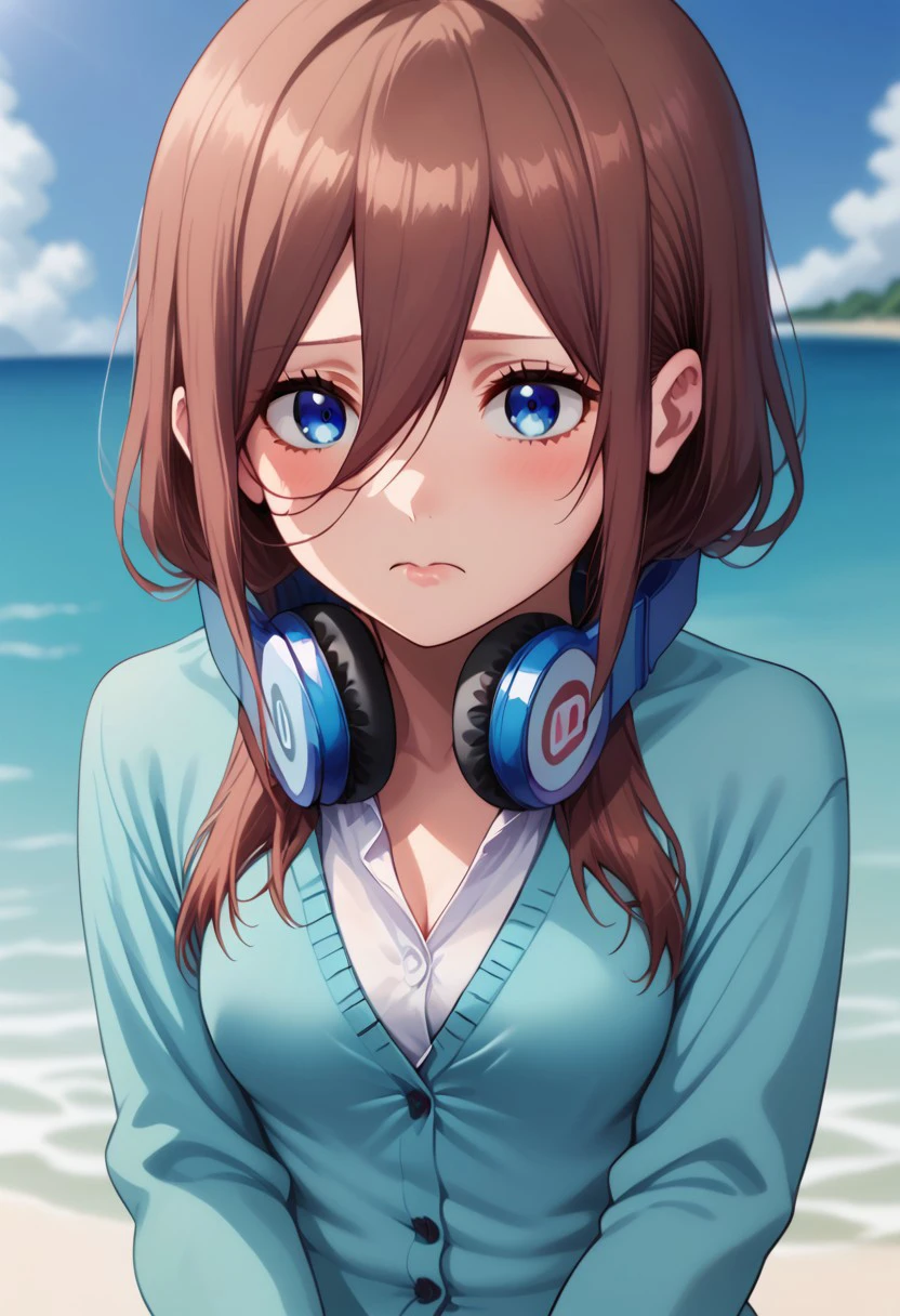 miku nakano, long hair, bangs, blue eyes, brown hair, swimsuit, hair between eyes, headphones, cardigan, headphones around neck, beach area