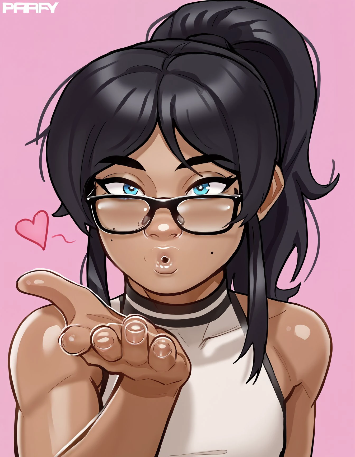 score_9, score_8_up, score_7_up, score_6_up BREAK, IncrsBlowingKiss, heart, blowing kiss, 1girl, solo, e4st3r-dh, dark-skinned female, black hair, ponytail, sidelocks, glasses, blue eyes <lora:Ester_Figueroa_PDXL:0.7> <lora:add-detail-xl:0.5>  <lora:FrierenBlowingKissMeme_XLPD:1>