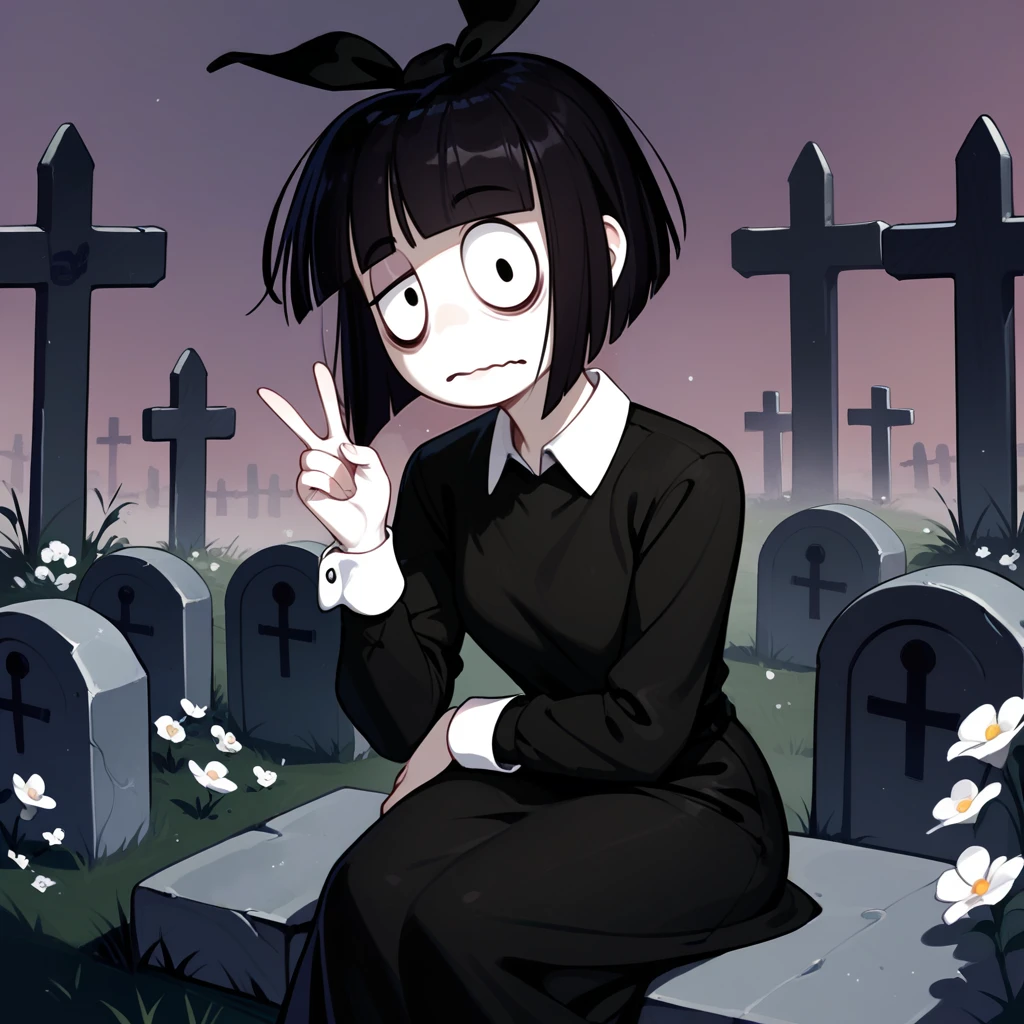 1girl,solo focus,<lora:creepy susie:1>,creepy susie,pale skin,black hair,black eyes,bags under eyes,half-closed eye,blunt bangs,hair bow,collared dress,long sleeves,shirt cuffs,
outdoors,graveyard,fog,white flower,
looking at viewer,wavy mouth,closed mouth,hand up,v,arm support,sitting,on tombstone,, score_9, score_8_up, score_7_up, perfect anatomy, source_anime, zPDXL2,