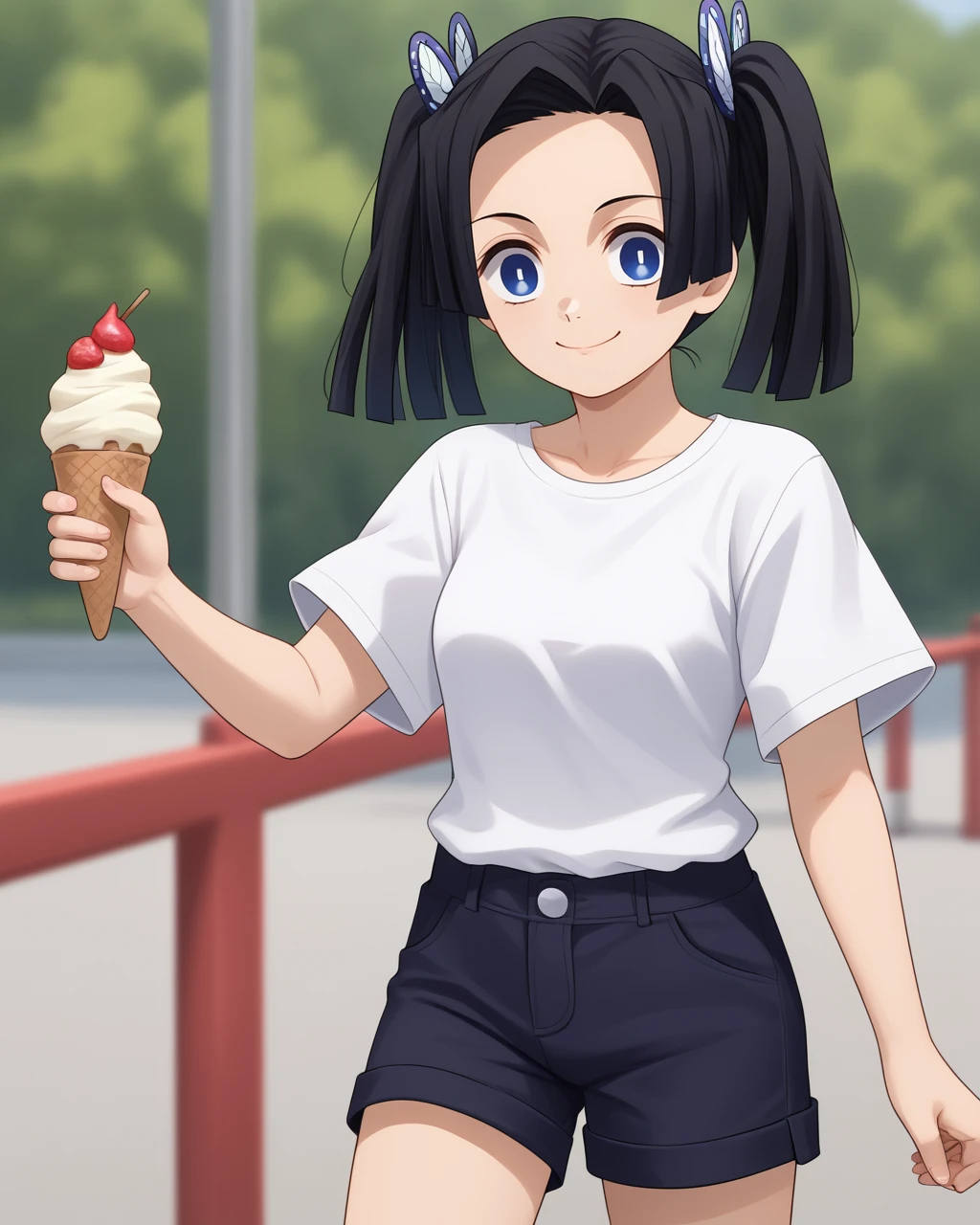 <lora:aoi:1>, aoi (demon slayer), 1girl, solo,  casual clothing, shorts, white t shirt, happy, warm, sunny, ice cream, depth of field, closed mouth smile