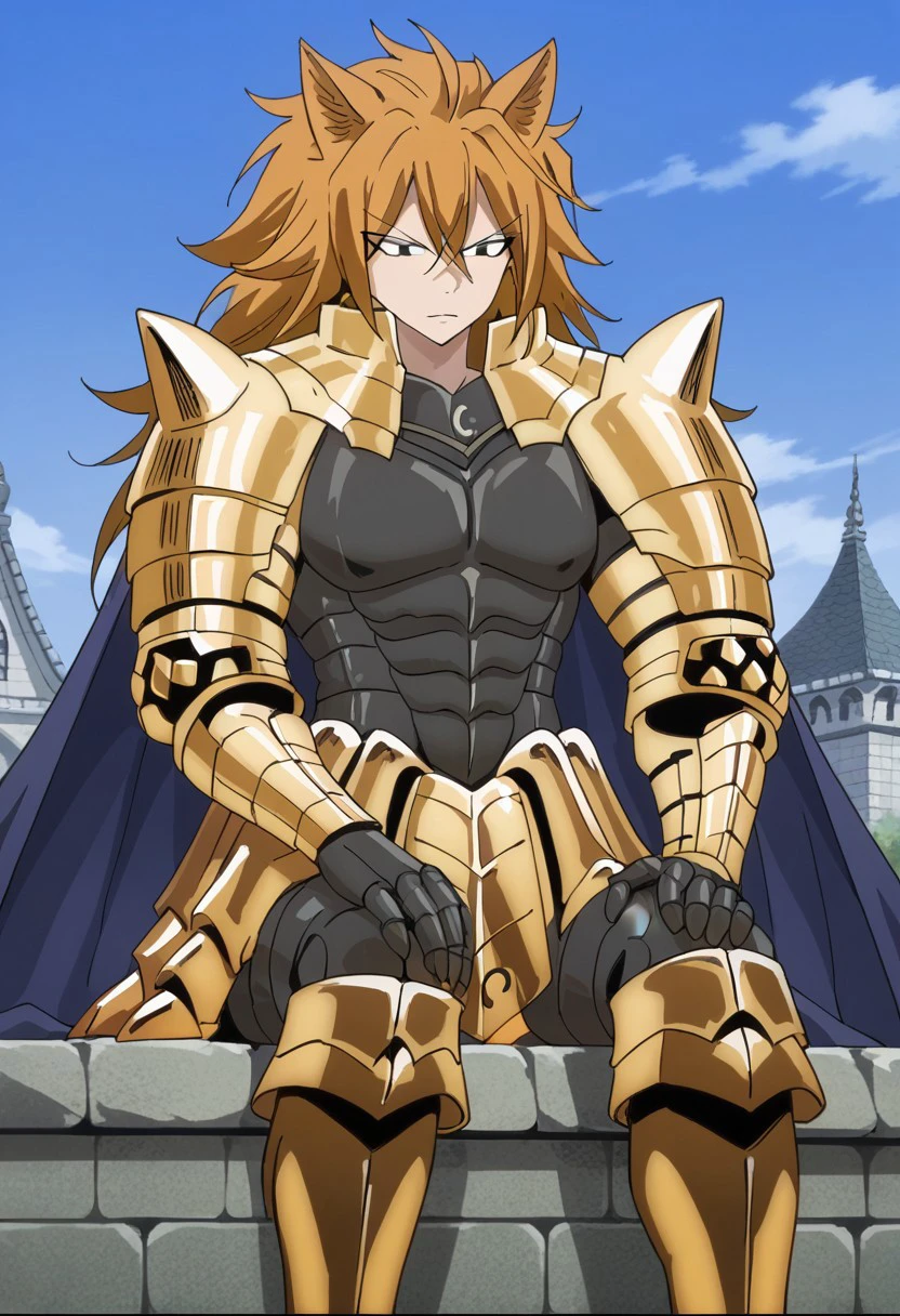 score_9, score_8_up, score_7_up, source_anime, rating_safe, LeoFT, orange Leo hair, 1boy, male focus, anime screencap, black Leo breastplate, gold Leo pauldrons, gold-black Leo gauntlets, gold Leo waist armor, black Leo thigh armor, gold-black Leo boots, blue Leo cape, sitting, cropped feet,