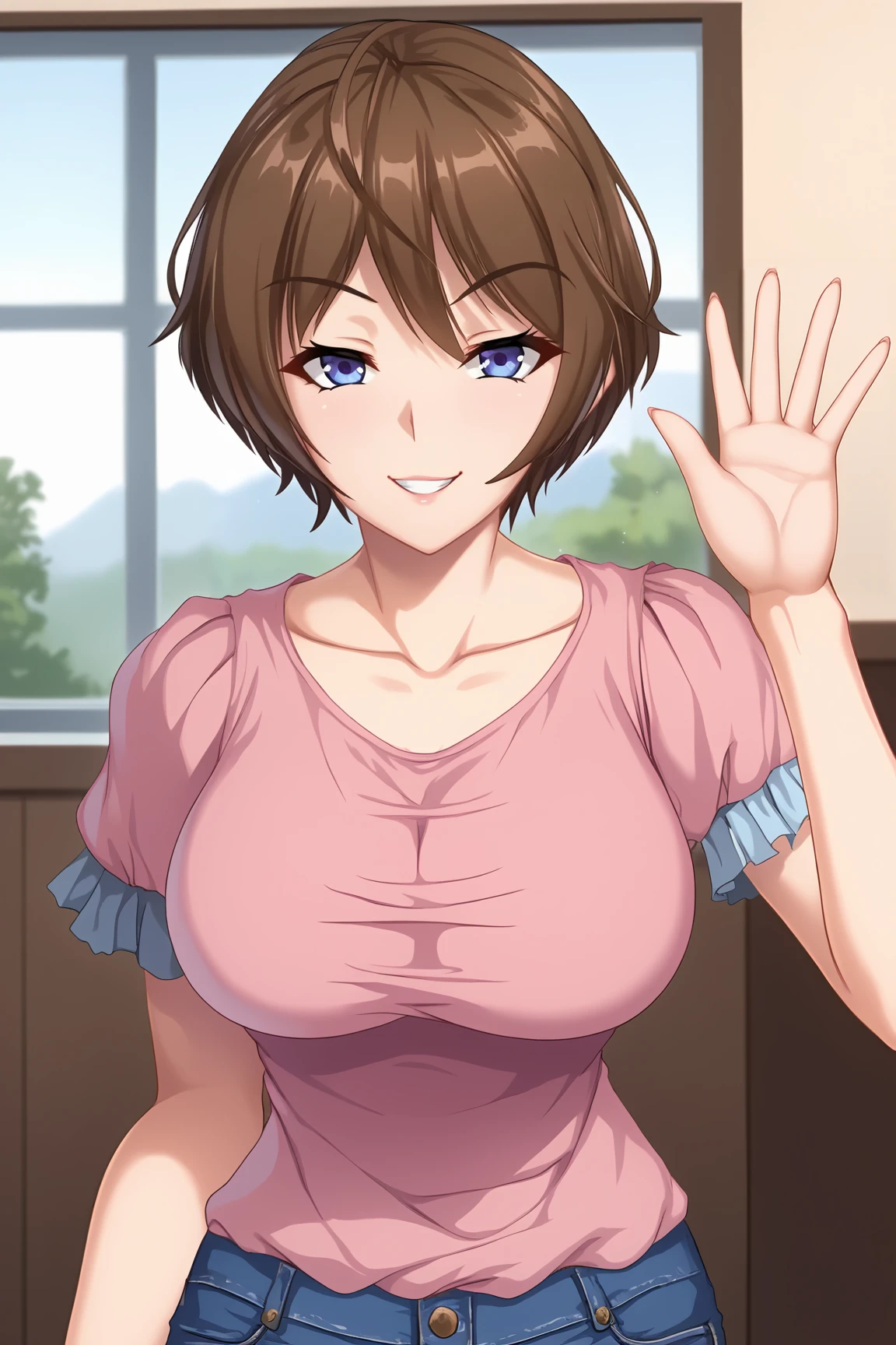 score_9, score_7_up, source_anime, 
BREAK
solo, 1girl, 
<lora:4-KusakabeAkiho-02:1>,
KusakabeAkiho, pink shirt, short sleeves, frilled sleeves, collarbone, jeans, capri pants, untucked shirt,
BREAK
Studio,
smirk,
waving,