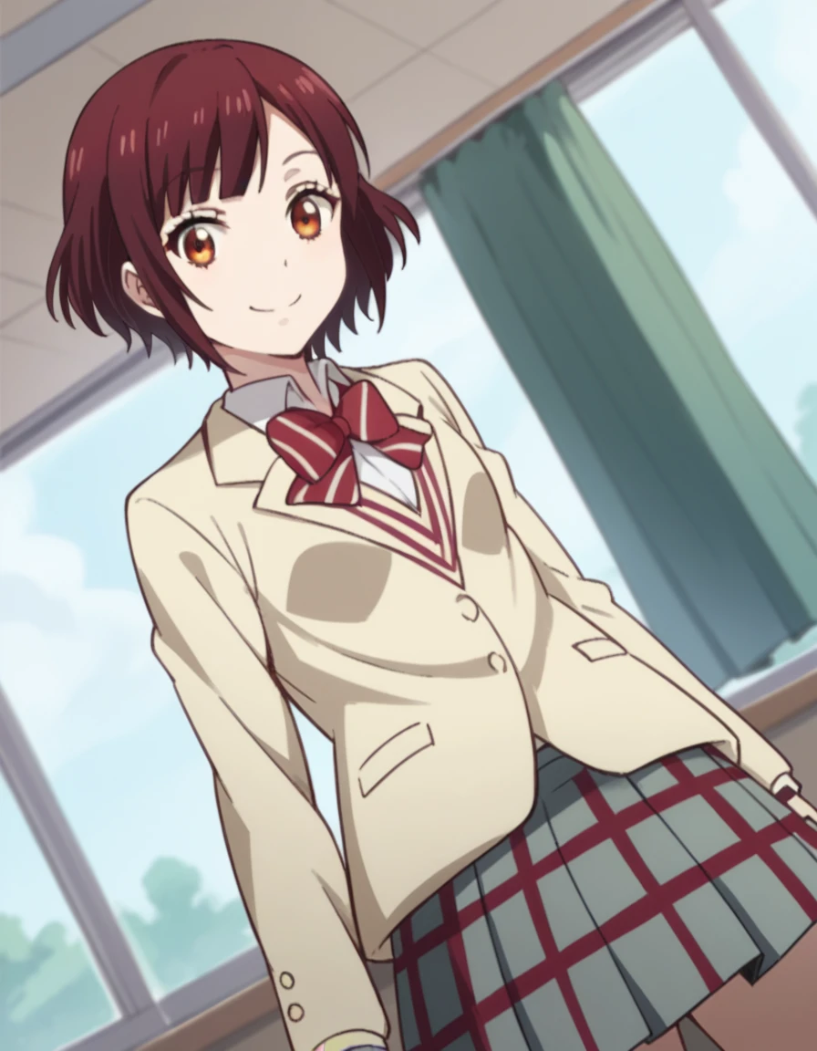 score_9, score_8_up, score_7_up, source_anime, <lora:miyabi-itou-s1-ponyxl-lora-nochekaiser:1>, miyabi itou, short hair, brown hair, brown eyes,, skirt, bow, school uniform, jacket, pleated skirt, plaid, plaid skirt, blazer,, indoors, smile, looking at viewer, solo,, cowboy shot, dutch angle