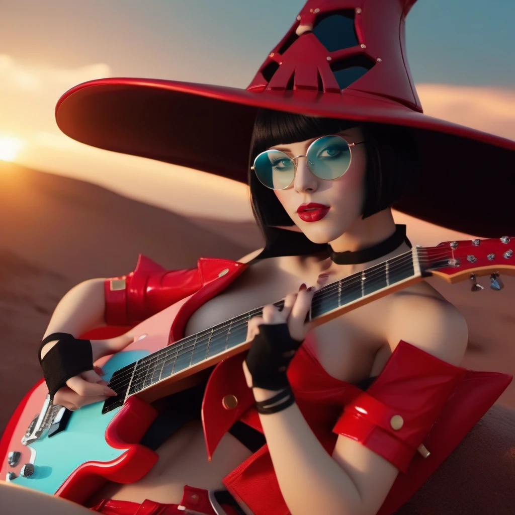 cinematic photo 1girl, blue tinted eyewear, witch hat, black hair, chocker, dressed in red, mole above mouth, breast, red shorts, playing guitar, sunset <lora:I-no1024:0.8> . 35mm photograph, film, bokeh, professional, 4k, highly detailed