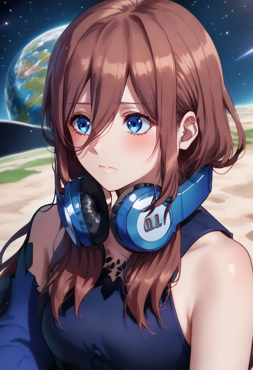 miku nakano,demomload armor, long hair, bangs, blue eyes, brown hair, hair between eyes, headphones, headphones around neck, space,