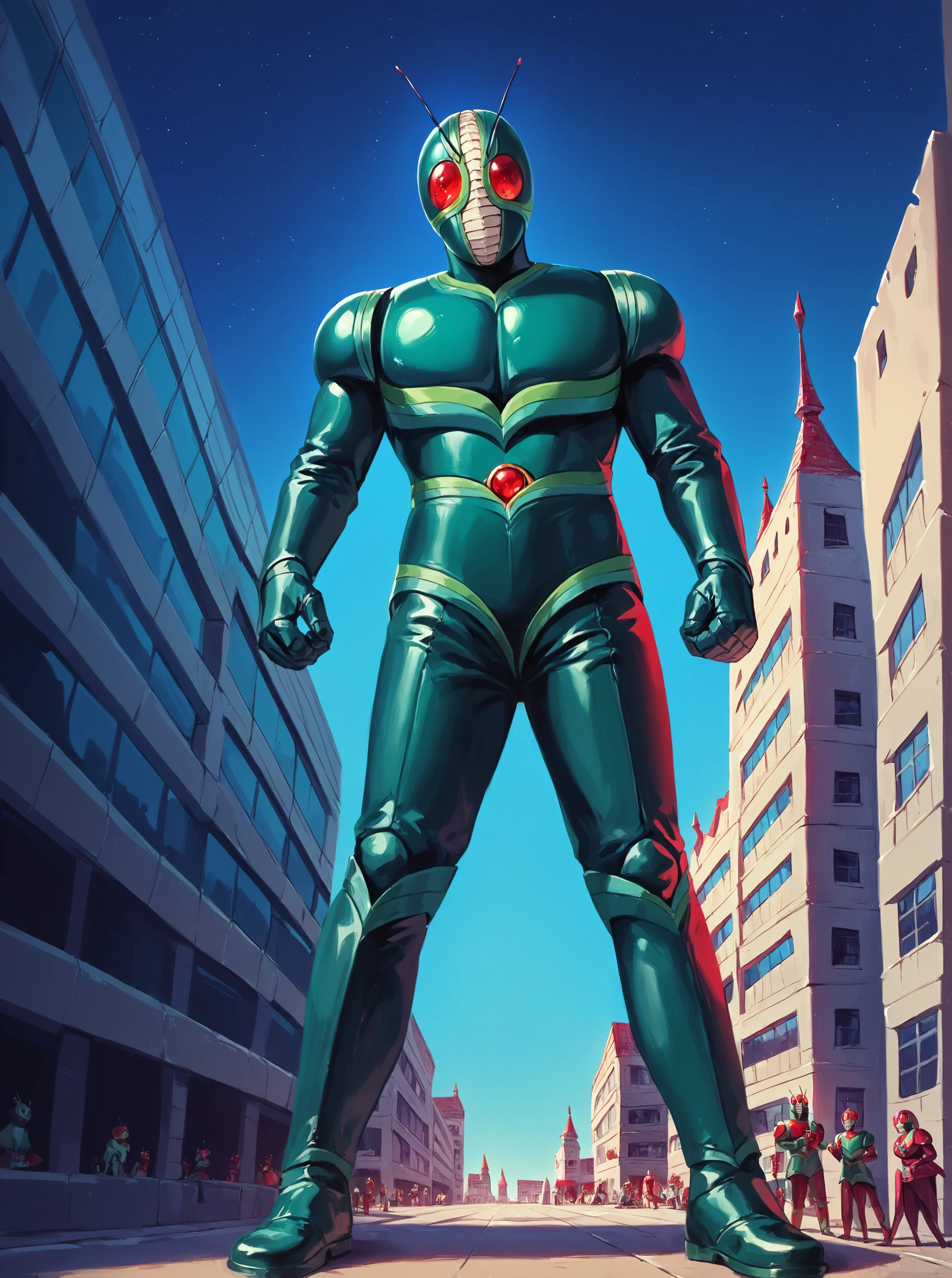 score_9, score_8_up, score_7_up, source_realistic, masterpiece, (masterpiece, best quality, high quality, ultra-detailed) kamen rider, 1boy, solo, male focus, antennae <lora:sn0wStyle:1> <lora:HKHorrorXL:1>,  outdoor, night, red eyes,<lora:Kamen_rider_J_1994:1>, giant, bigger then building