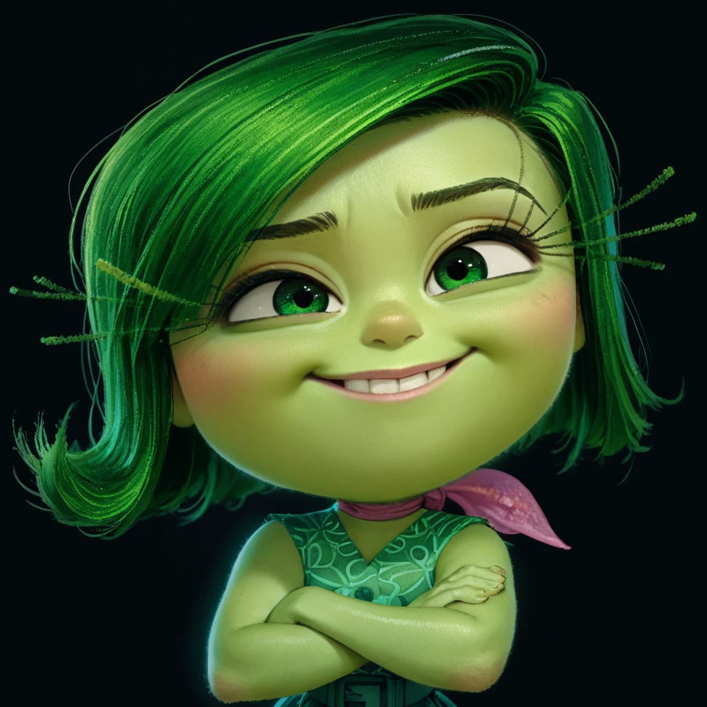 score_9, score_8_up, score_7_up, score_6_up, score_5_up, score_4_up, rating_safe, DisgustEmotion, glowing, 1girl, green skin, green hair, arms crossed, black background, small smile