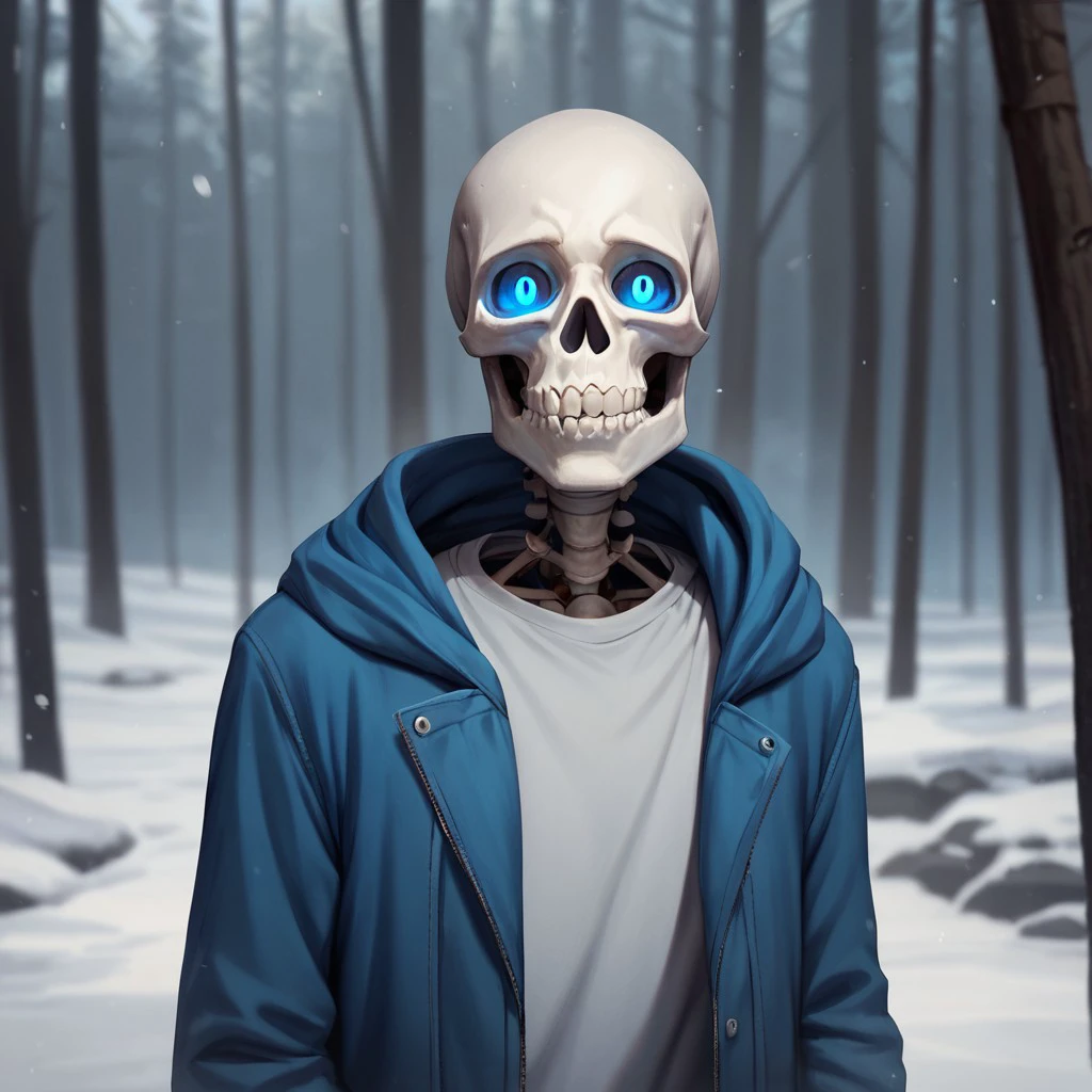 (((detailed, beautiful, high quality))), upper Body, score_9, score_8_up, score_7_up,
1male, skeleton, glowing eyes, blue eyes, hood with fur, blue jacket, grey fur, white T-shirt,
looking at the viewer, posing, snowy forest, blurred background, blurred fantasy background,