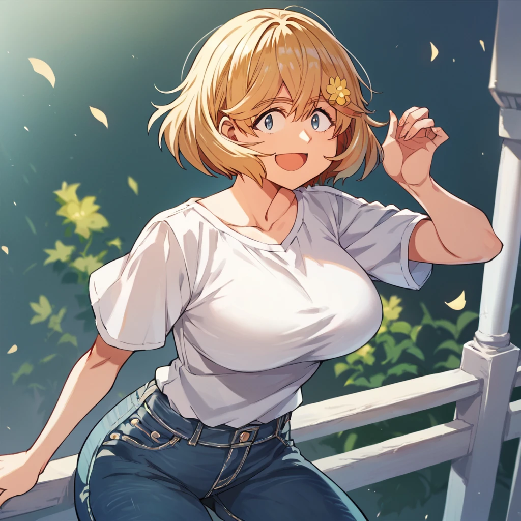 score_9, score_8_up, score_7_up, score_6_up,  rating_safe, source_anime, perfect anatomy, ultra detailed, 1girl,  solo, alone, amano haruka, short hair, large breasts, hair flower, white shirt, jeans, cowboy shot, smiling, open mouth