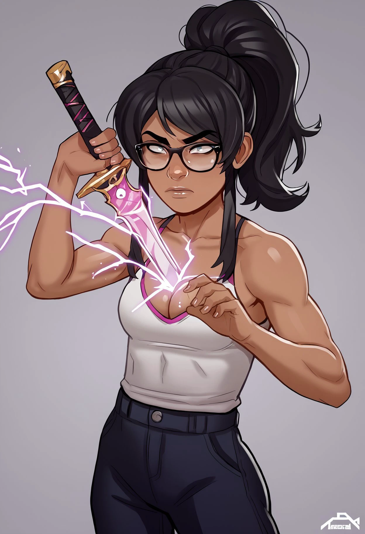 score_9, score_8_up, score_7_up, score_6_up BREAK, human scabbard, holding, holding weapon, holding sword, electricity, cleavage, 1girl, solo, e4st3r-dh, dark-skinned female, black hair, ponytail, sidelocks, glasses <lora:Ester_Figueroa_PDXL:0.7>   <lora:add-detail-xl:0.5> <lora:HumanScabbardV2_XLPD:1>