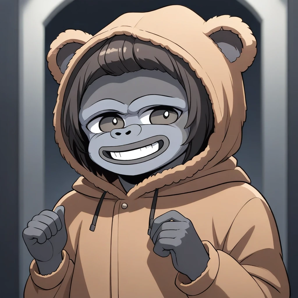 ((monke, monke_boy, solo, grey skin,smile, 1boy,bald gorilla character, one character)), ((Wearing a bear costume, bear ears, costume))ral-vxl