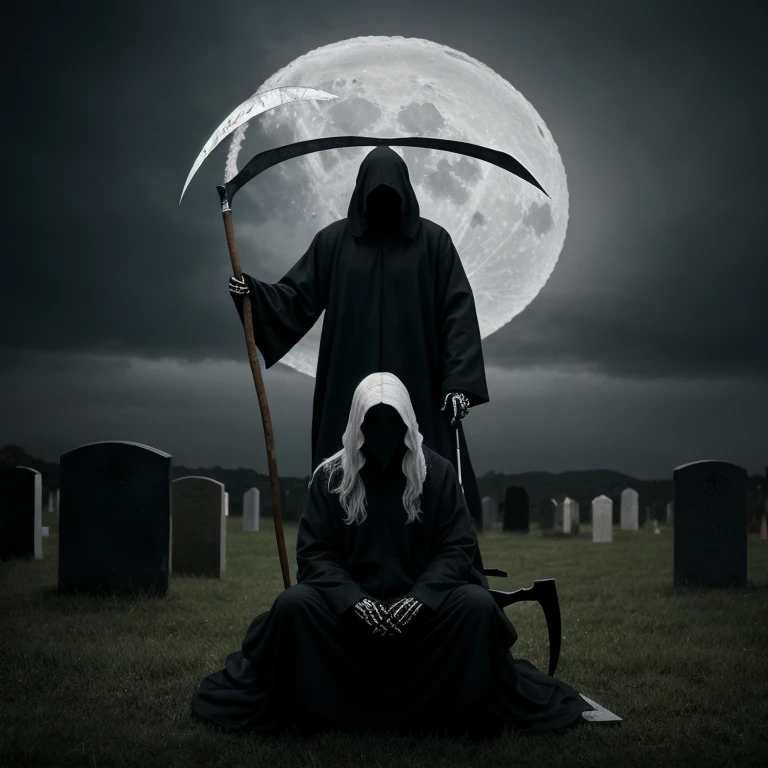 UHD, 4k, ultra detailed, cinematic, a photograph of  <lora:Grim Reaper style SD1.5:1>
Grim Reaper a woman with white hair and a scythe standing next to a man with a scythe, horror movie themed, sharp, detailed, epic photography, artistic, creative, dramatic light, cinematic style, film style, Grim Reaper style, 1girl, long hair, blue eyes, 1boy, white hair, hood, night, moon, full moon, scythe, candle, tombstone, graveyard, grave, holding, sitting, weapon, outdoors, sky
, epic, beautiful lighting, inpsiring