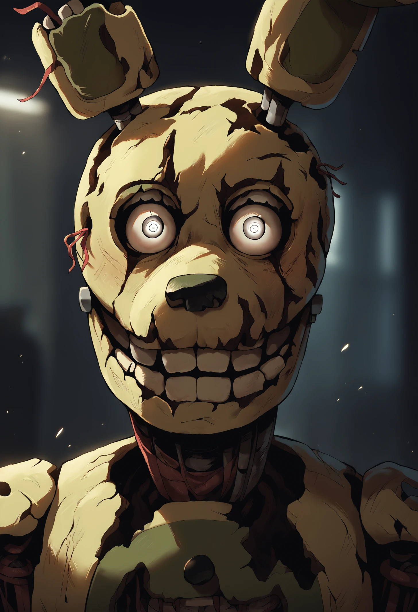 score_9, score_8_up, score_7_up, source_anime, close-up, (portrait:0.7), (springtrap, animatronic), FNAF, white eyes, cinematic, detailed, office, dark background, blurry background, light particles, best quality, masterpiece <lora:Springtrap_v3:0.9> <lora:sharp_style_magin3.1:0.3> <lora:Pony_DetailV2.0:0.75>