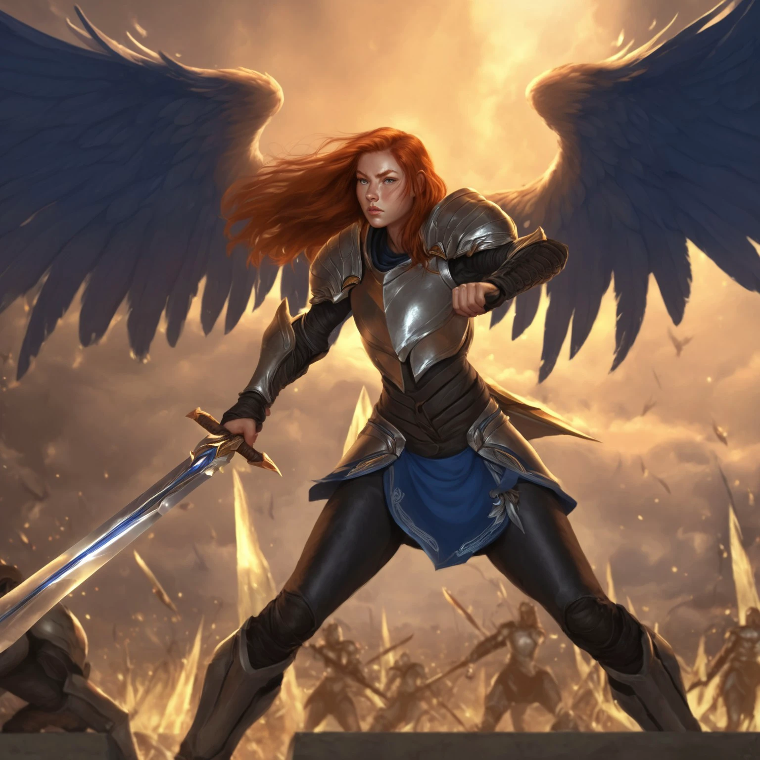 score_9, score_8_up, score_7_up, 1girl, armor with wings, ginger hair, holding swords with any hand,  double sword, blue clothes, long hair, detailed background, army background, dynmaic pose, fight pose, skirt, silver wings, beatiful face, perfect face, correct proportions