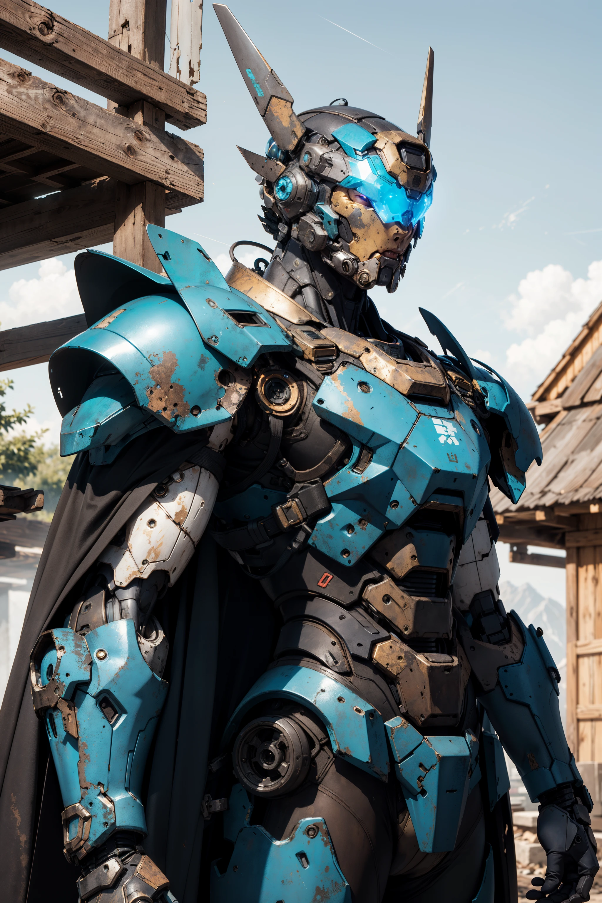 mecha, solo, magician, futuristic armored warrior with matte and rusted golden and black plating, and a grey cape, realistic, (glowing blue visor), middle shot BREAK  rustic wooden structure, with beams and planks in the background <lora:nijiMecha:0.4>