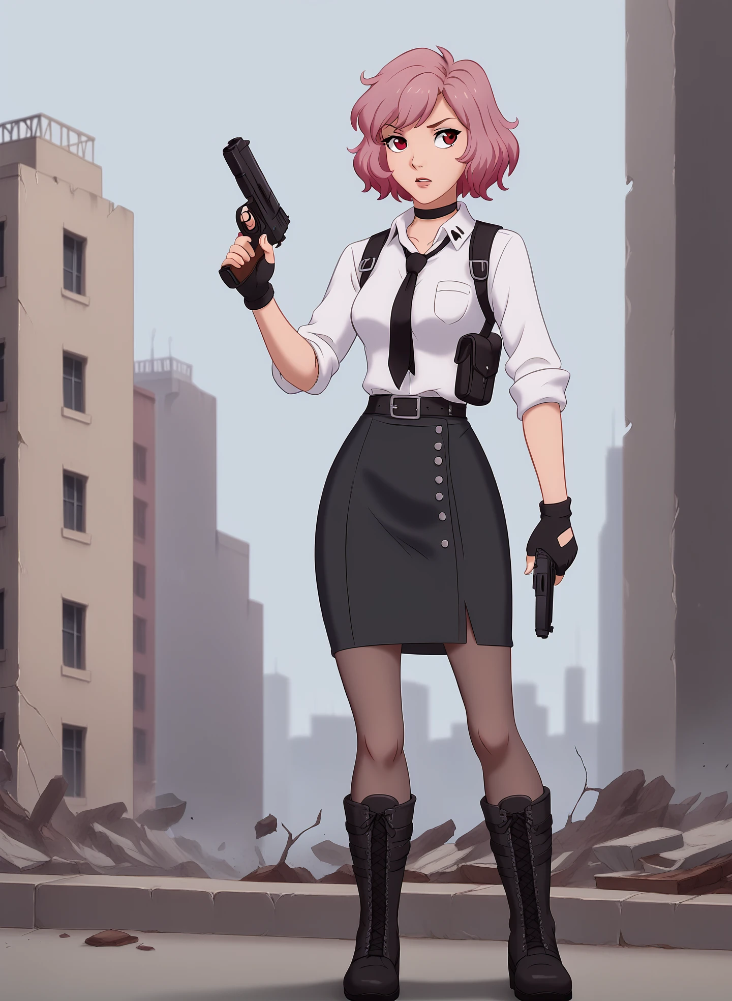 <lora:Gentiane_Girls_FrontlinePONY:1> gentiane, white and pink hair, gradiant hair, multicolored hairm  red eyes, black gloves, fingerless gloves, choker, white dress shirt, black tie, black pencil skirt, pantyhose, boots, holding pistol, standing, looking to the side, destroyed city setting,  broken windows, exposed rebar, <lora:WesternCartoonClassicDisney100:1>, holes in buildings, fire in background, gray sky, score_9, score_8_up, score_7_up, masterpiece, high quality, 8K