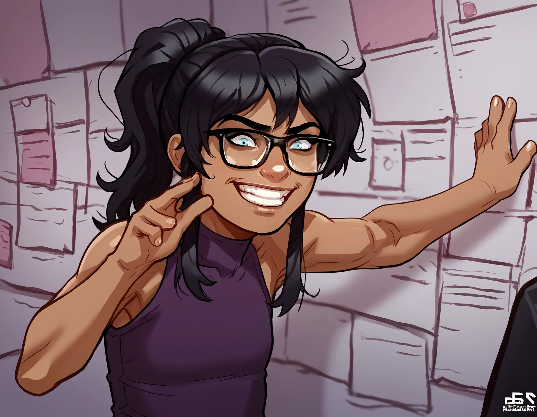 score_9, score_8_up, score_7_up, score_6_up BREAK, incrspersonacutinxl, close-up, 1girl, solo, e4st3r-dh, grin, dark-skinned female, black hair, sidelocks, glasses, blue eyes <lora:Ester_Figueroa_PDXL:0.7>   <lora:add-detail-xl:0.5>  <lora:pepe_silvia_v1_pruned:1>