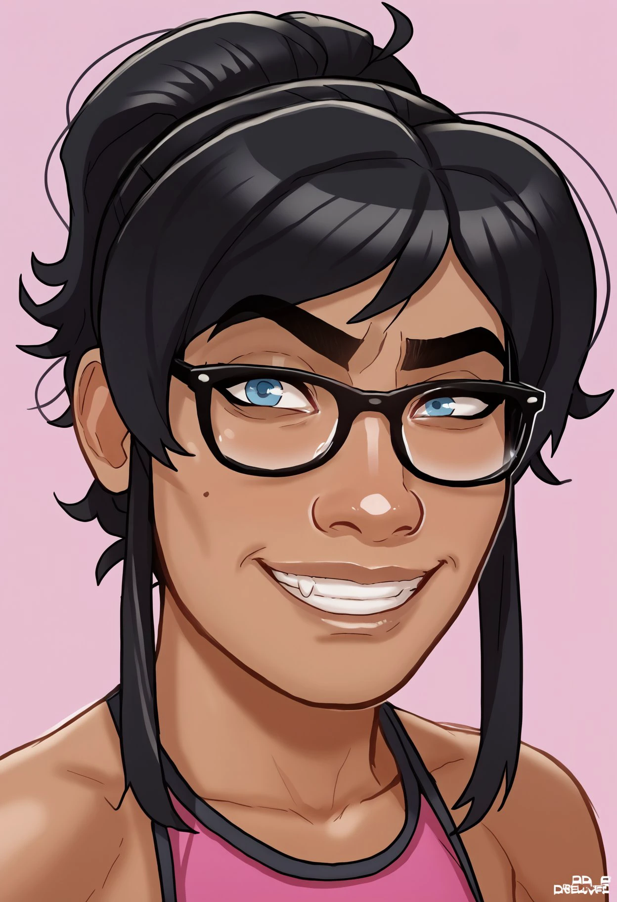 score_9, score_8_up, score_7_up, score_6_up BREAK, RocksEyebrowRaise, upper body, portrait, raised eyebrow, thick eyebrows, 1girl, solo, e4st3r-dh, grin, dark-skinned female, black hair, sidelocks, glasses, blue eyes <lora:Ester_Figueroa_PDXL:0.7> <lora:add-detail-xl:0.5>  <lora:RocksEyebrowRaise_XLPD:0.7>