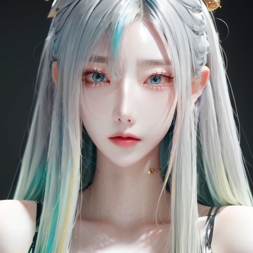 highly insanely detailed, masterpiece, top quality, best quality, highres, 4k, 8k, RAW photo, (very aesthetic, beautiful and aesthetic),  
<lora:tsukishimakeia:1>, 
(1girl:1.3), eyes focus, 
(gold hair,pastel gray hair,gradient hair,colored inner hair), 
ethereal silver background, 
âââ